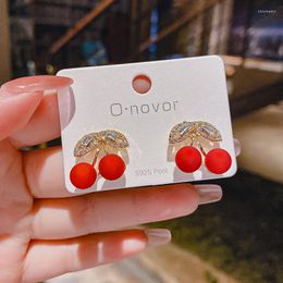 Stud Earrings Sweet Girl Exquisite Compact Rhinestones Imitation Pearl Red Cherry Fashion Korean Women's Jewellery Accessories