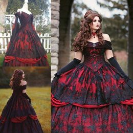 Party Dresses Vintage Red and Black Wedding Plus Size Lace Applique Laceup Back Corset Top Gothic Sleeping Beauty Bride Gowns 230328