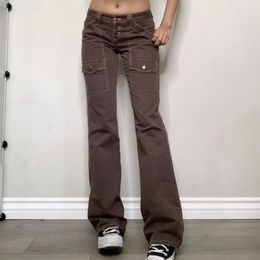 Women's Jeans Woman Retro Streetwear Button Up Low Rise With Pockets Indie Aesthetics Full Length Brown Denim Trousers 90s Outfit