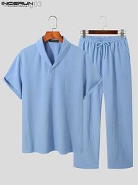 Men's Tracksuits Men Sets Solid 2023 Summer Lapel Short Sleeve Shirt Drawstring Pants 2PCS Streetwear Korean Men Casual Suits S-5XL W0328