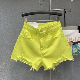 Women's Shorts Shorts women's candy color ripped denim shorts high waist thin green font pants summer dress Korean wide 230328