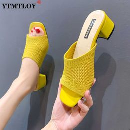 Sandals Summer Sandals Women Shoes Mules Slides Peep Toe Square High Heels Sandals Female Casual Square Heel 35-40 Slipper Knitting 230322