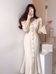 Casual Dresses Summer Chic Vintage Elegant Long Sleeve Midi Mermaid Dress Women Party Lace Patchwork Fashion French Style Clothing 230327