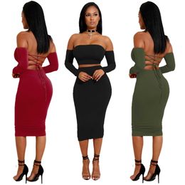 Autumn and winter new sexy backless lace up dress one-line collar nightclub pencil skirt two-piece suit