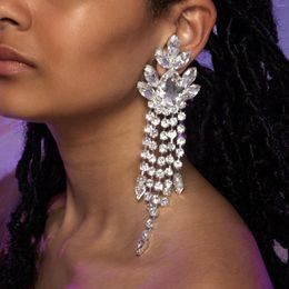 Dangle Earrings Long Crystal Tassel Drop For Women Rhinestone Shiny Silver Color Wedding Party Ornaments Wholesale