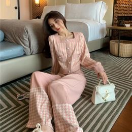 Women's Two Piece Pants Autumn Knitted Houndstooth Women's Suit Patchwork Square Collar Long Sleeve Sweater Tops Wide Leg Sets Pink