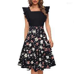 Casual Dresses Knee Length Women Retro Summer Pencil Dress Spandex Floral Square Neck Polyester Sleeveless None