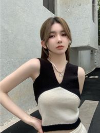 Women's Tanks 2023 Summer Y2K Cute Knitted Top Sleeveless V-neck Contrast Crop Women Sexy Chic Vest Korean Tube Tops Harajuku Outfits