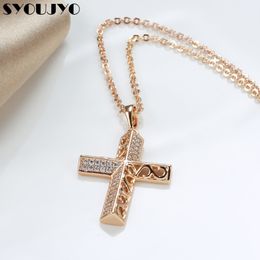 Charms SYOUJYO Trendy Luxury Cross Necklace 585 Rose Gold Colour Crystal Jesus Cross Pendant Necklace For Women Couple Fine Jewellery Gift