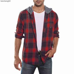 Men's Casual Shirts Men Casual Shirts Jackets Autumn And Winter Coats Outerwear Plaid Shirt Hooded Collar Long Sleeve Shirts Casual Blouse Male Tops W0328