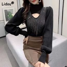 Women's Blouses Shirts Long Bishop Sleeve Hollow Diamonds Sweater 2022 New Women Autumn Half High Collar Slim Fashion Solid Colour Bottomed Shirt Y2303