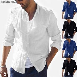 Men's Casual Shirts Men's Baggy Cotton Linen Solid Long Sleeve Button Retro T Shirts Tops Blouse W0328