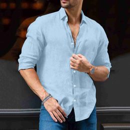 Men's Casual Shirts Men Cotton Linen Shirt Solid Casual Loose Street Wear Blouse Tops For Spring Autumn Baggy Fashion Loose Blue Shirts Male Tops W0328