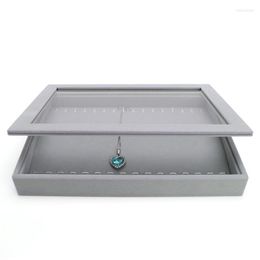 Jewelry Pouches Gray Velet 16 Hooks Pendent Tray Necklace Ring Display Organize With Plastic Cover For Jewellery Holder Counter