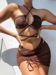 Women's Swimwear 3 Pieces Set Swimsuit Women High Waist Sexy Lace Up Micro Bikini With Skirt Solid Beachwear Bathing Suit 230328