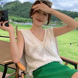 Women's T-Shirt Sweater Vest for Women Hollow Out Design Solid V-neck Summer All-match Cozy Korean Style Fashion Loose Ladies P230328