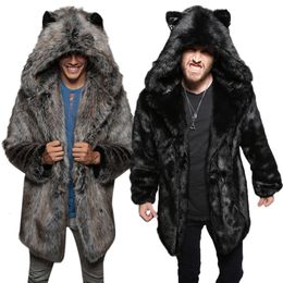 Men's Leather Faux Fur Men Winter Coat with Ear Hooded Warm Long Sleeve Bear Plush Cardigan Thick Teddy Jacket Man Parka Tops 230328