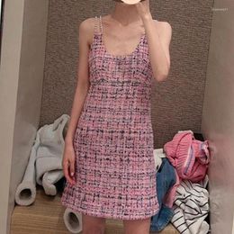 Casual Dresses Pink Woollen Weave Beaded Sling Mini Dress Elegant Women Sexy Birthday Korean Fashion 2023 Summer