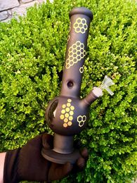 13 inch Glass Bong Heavy Smoking Water Pipe Unique Black & Gold HoneyComb Pattern Hookah Dab Rig