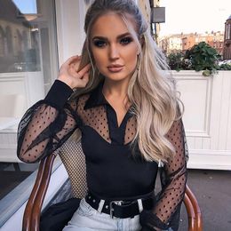 Women's Polos Women Mesh Sheer Blouse See-through Long Sleeve Top Shirt Fashion Lace Transparent White Female Blusas