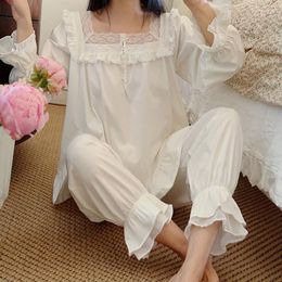 Women's Sleepwear French Lace Square Collar Two-Pieces Spring Full Sleeves Cotton Pyjamas Women Vintage Loose Long Pants Pyjama Sets