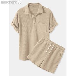 Men's Tracksuits Summer Mens Shirt Sets Thin Corduroy Solid Breathable Short Sleeve Waffle Shirts Shorts Men Set With Pocket W0328