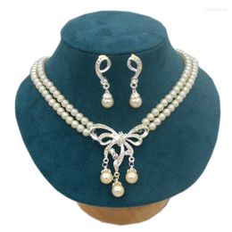 Necklace Earrings Set Creative Bowknot 1Pair Wedding Bridal Pearl Rhinestone Jewelry Lady Female Jewellery For Women