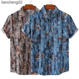 Men's Casual Shirts Men's Cotton Polyester Summer Short Sleeve Shirt Vintage Geometric Hawaiian Beach Male Shirts Casual Blouse For Men W0328