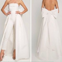 Party Dresses Luxury Strapless Jumpsuit Wedding Dress Bow Detachable Train Backless Sleeveless Bride Gown 2023 High Quality Satin Custom Made 230328