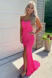 Stunning Hot Pink Sequined Long Prom Dresses Mermaid Sexy Slit Party Dress Lace Up Split Evening Gowns Graduation Dresses Sweep Train