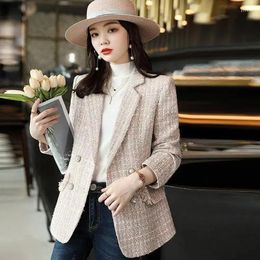 Women's Suits Pink Small Fragrance Coat Female Spring And Autumn 2023 Everything Loose Tweed Suit Plaid Man Leisure