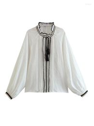 Women's Blouses YENKYE Women Tassel Lace Up O Neck Embroidery Blouse Sexy Semi-Sheer Female Casual Loose Cotton White Shirt Chemise Blusas