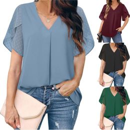 Women's Blouses Women V Neck Chiffon Plain Colour Blouse Pleated Womens Short Sleeved Shirts Dressy Tops Cotton Button Shirt For