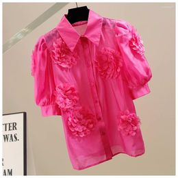 Women's Blouses Summer Women's Puff Short Sleeve Three-dimensional Flower Chiffon Shirt Camisas Mujer Fashion Single-Breasted Loose Tops