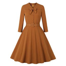 Casual Dresses 2023 Brown Pleated Dress Vintage Style Bow Tie Neck Button Up Elegant Women Summer Belted Pinup 60s 50s Rockabilly