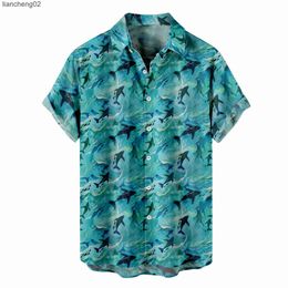 Men's Casual Shirts Mens Hawaiian Shirts Short Sleeve Lapel Button Down Beach Vacation Shirt For Man Shirts Fish Print Sea Blue Shirt Blouse Daily W0328