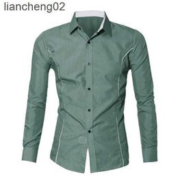 Men's Casual Shirts Men Green Shirt Patchwork Social Dress Shirt Autumn Spring Solid Long Sleeve Slim Fit Male Top Office Casual Button Shirt 2022 W0328
