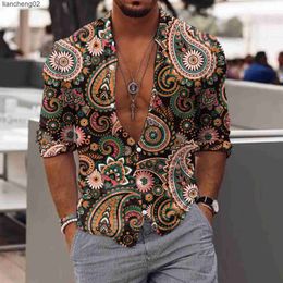 Men's Casual Shirts Ethnic Shirt Men Long Sleeve Autumn Winter Paisley Printed Shirts Streetwear Casual Top Vintage Shirts Breathable Button Blouse W0328