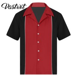 Men's Casual Shirts Mens Bowling Shirts Retro Short Sleeve Button Down Casual 50s Tee Colour Block Striped Notched Collar Shirt 230328