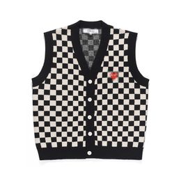 Designer Men's Sweaters Play Com des Garcons CDG V Neck Cardigan Red Heart Black White Checked Vest Wool Size XL