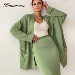 Two Piece Dress Hirsionsan Soft Vintage Lace Up Women Suits 2 Pieces Female Sets with Belt V Neck Cardigan Midi Dress Ladies Knitted TrackSuit 230328