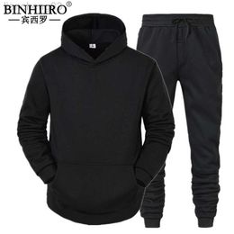 Men's Tracksuits BINHIIRO Men's Spring Autumn New Sports Clothes Suit Tracksuit Fashion Brand Casual Solid Hoodies and Sweatpants 2-piece Sets W0328