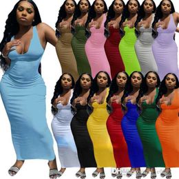 Sexy Sling Sleeveless Casual Dresses Women Designer Slim Solid Colour Bodycon Pencil Long Dress Clubwear Summer Skirt