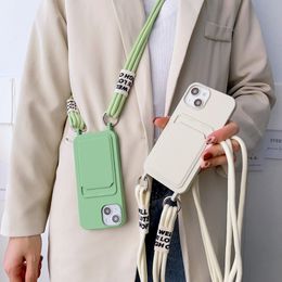 Luxury cases Ins Fashion Card Slot Wallet Soft Case With Crossbody Lanyard iPhone 15 11 12 13 14 Pro Max iPhone 14 Plus Necklace Rope Strap Cover