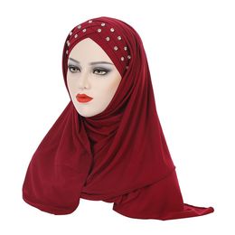 2023 Muslim Beads Cross Hijab Women Turban Pull On Ready Wear Instant Scarf Long One Piece Amira Islam Cap Femme Headwrap Shawl Hats