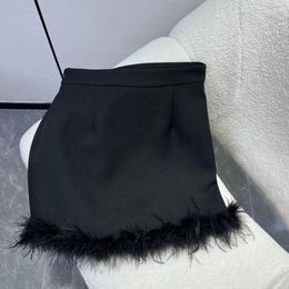 Skirts 2023 Spring High Quality Ostrich Hair Skirt For Women Embroidery Side Zip Straight Feather Bottom Mini Black Female