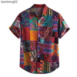 Men's Casual Shirts Ethnic Printed Men Shirt Shirts Summer Retro Vintage Streetwear Short Sleeve Loose Button Chemise Homme Camisa Harujuku Clothing W0328