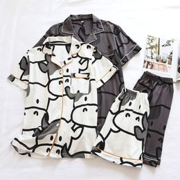 Women's Sleepwear summer couple pure cotton short-sleeved shorts pajamas two-piece cute calf female loose simple home service set male 230328