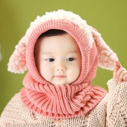 Caps Hats Cute Rabbit Ear Baby Hat Winter Warm Infant Toddler Knitted Beanie Solid Color Children Crochet Cap With Hood Scarf 230328