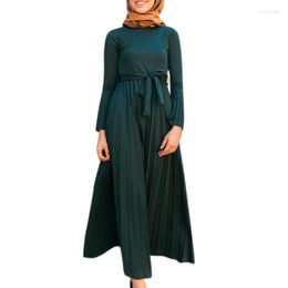 Ethnic Clothing Middle East Malaysia Pleats Women Dress Round Neck Long Sleeves Solid Elegant Dubai Muslim Modest Dresses With Belt